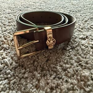 Michael Kors Brown Leather Belt Gold MK Logo Size M/L